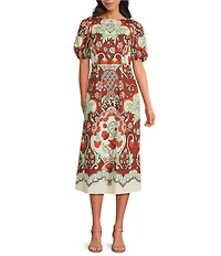 Mestiza New York Pippa Jardin Rose Print Boat Neck Short Puff Sleeve Midi Dress