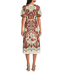 Mestiza New York Pippa Jardin Rose Print Boat Neck Short Puff Sleeve Midi Dress