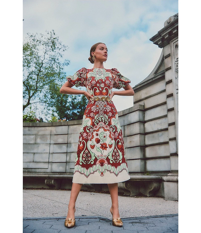 Mestiza New York Pippa Jardin Rose Print Boat Neck Short Puff Sleeve Midi Dress