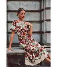 Mestiza New York Pippa Jardin Rose Print Boat Neck Short Puff Sleeve Midi Dress