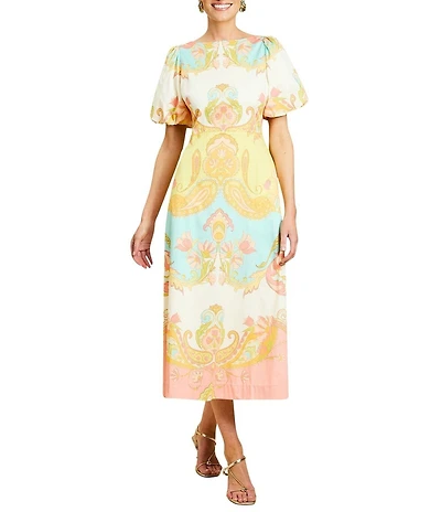 Mestiza New York Pippa Venetian Paisley Boat Neck Short Balloon Sleeve Midi Dress