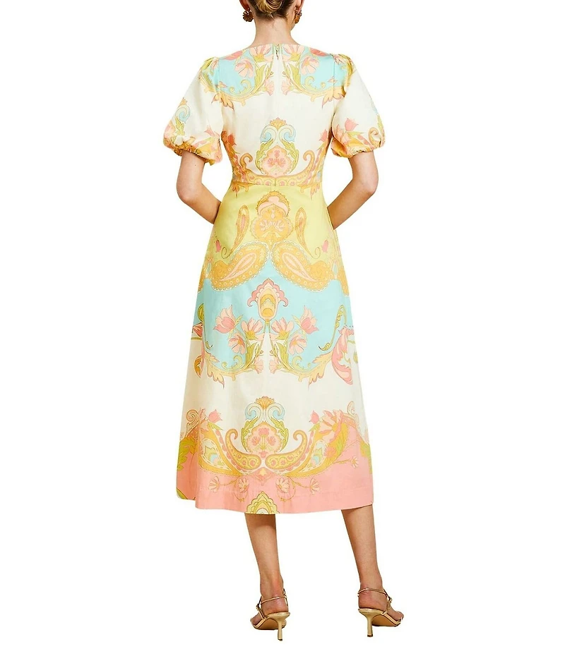 Mestiza New York Pippa Venetian Paisley Boat Neck Short Balloon Sleeve Midi Dress