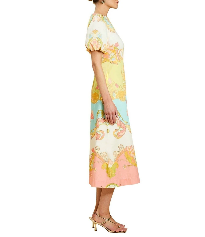 Mestiza New York Pippa Venetian Paisley Boat Neck Short Balloon Sleeve Midi Dress