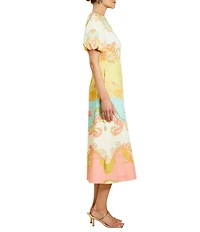 Mestiza New York Pippa Venetian Paisley Boat Neck Short Balloon Sleeve Midi Dress
