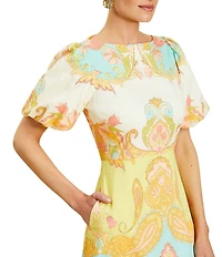 Mestiza New York Pippa Venetian Paisley Boat Neck Short Balloon Sleeve Midi Dress