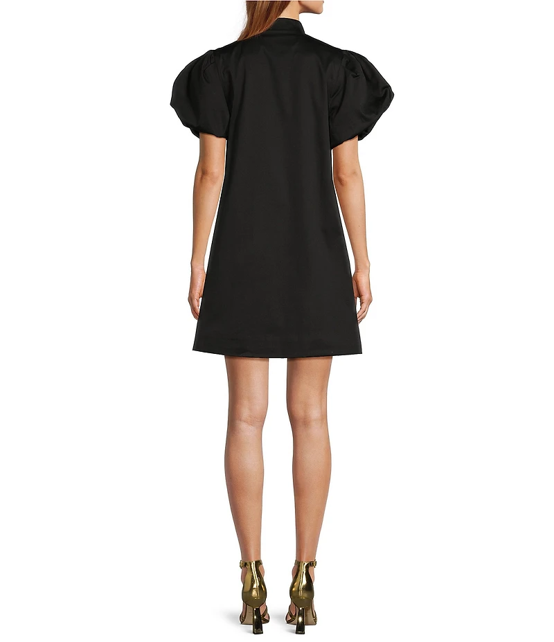Mestiza New York Poplin Palm Tree Embroidered Mandarin Collar Short Puff Sleeve Dress