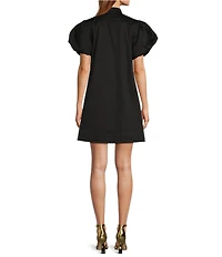 Mestiza New York Poplin Palm Tree Embroidered Mandarin Collar Short Puff Sleeve Dress