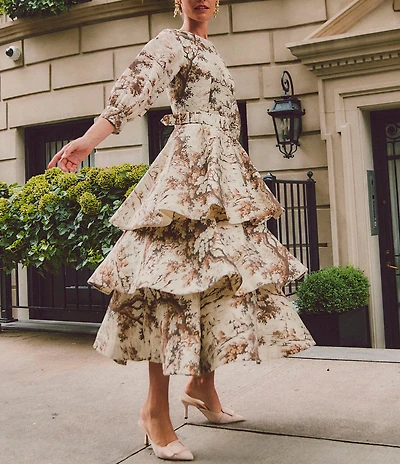 Mestiza New York Rhonda Toile Print Organza Round Neck Elbow Sleeve Tiered Ruffle Midi Dress