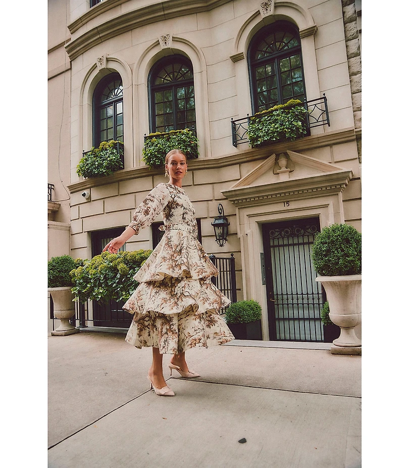 Mestiza New York Rhonda Toile Print Organza Round Neck Elbow Sleeve Tiered Ruffle Midi Dress