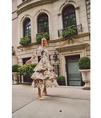 Mestiza New York Rhonda Toile Print Organza Round Neck Elbow Sleeve Tiered Ruffle Midi Dress