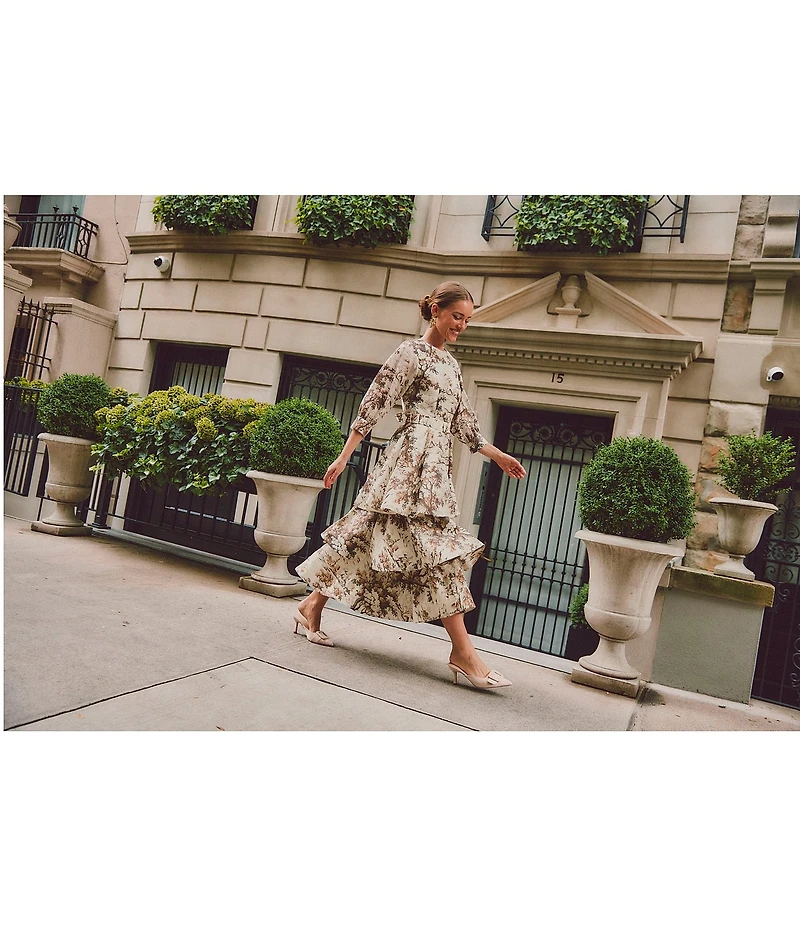 Mestiza New York Rhonda Toile Print Organza Round Neck Elbow Sleeve Tiered Ruffle Midi Dress