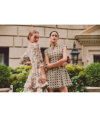 Mestiza New York Rhonda Toile Print Organza Round Neck Elbow Sleeve Tiered Ruffle Midi Dress
