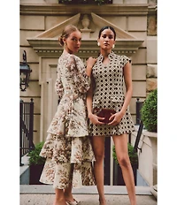 Mestiza New York Rhonda Toile Print Organza Round Neck Elbow Sleeve Tiered Ruffle Midi Dress