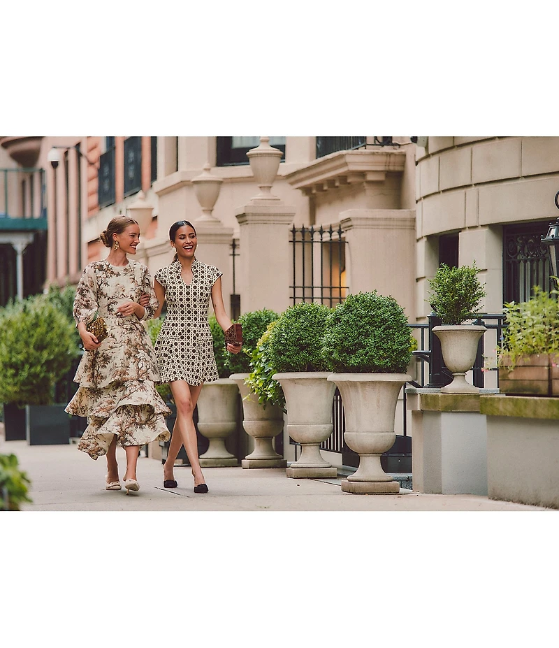 Mestiza New York Rhonda Toile Print Organza Round Neck Elbow Sleeve Tiered Ruffle Midi Dress