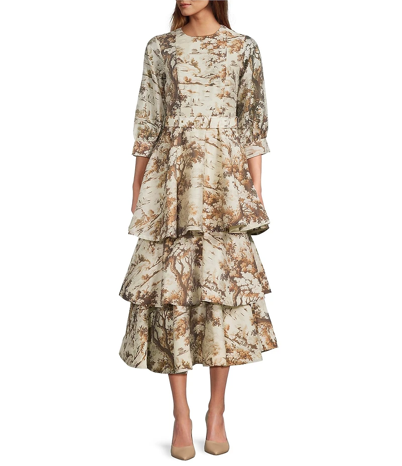 Mestiza New York Rhonda Toile Print Organza Round Neck Elbow Sleeve Tiered Ruffle Midi Dress