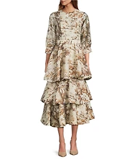 Mestiza New York Rhonda Toile Print Organza Round Neck Elbow Sleeve Tiered Ruffle Midi Dress