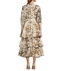Mestiza New York Rhonda Toile Print Organza Round Neck Elbow Sleeve Tiered Ruffle Midi Dress