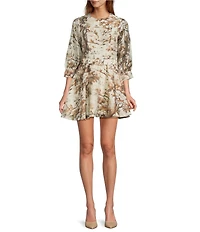 Mestiza New York Rhonda Toile Print Organza Round Neck Elbow Sleeve Tiered Ruffle Midi Dress