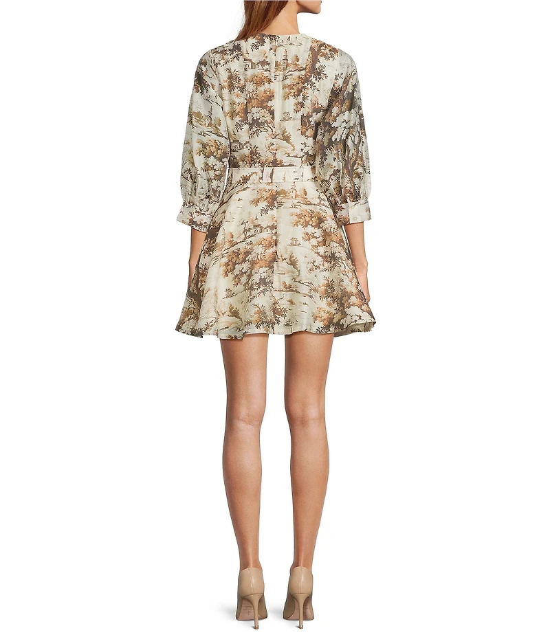 Mestiza New York Rhonda Toile Print Organza Round Neck Elbow Sleeve Tiered Ruffle Midi Dress