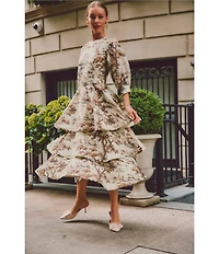 Mestiza New York Rhonda Toile Print Organza Round Neck Elbow Sleeve Tiered Ruffle Midi Dress