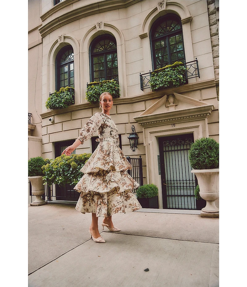 Mestiza New York Rhonda Toile Print Organza Round Neck Elbow Sleeve Tiered Ruffle Midi Dress