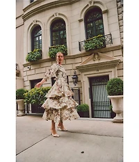 Mestiza New York Rhonda Toile Print Organza Round Neck Elbow Sleeve Tiered Ruffle Midi Dress