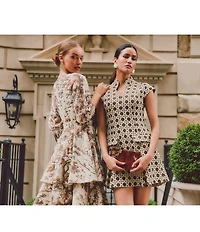 Mestiza New York Rhonda Toile Print Organza Round Neck Elbow Sleeve Tiered Ruffle Midi Dress