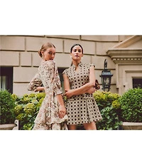 Mestiza New York Rhonda Toile Print Organza Round Neck Elbow Sleeve Tiered Ruffle Midi Dress