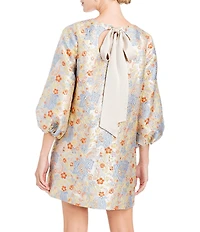 Mestiza New York Rosana Metallic Jacquard Floral Print Boat Neck 3/4 Balloon Sleeve Back Tie Mini Dress