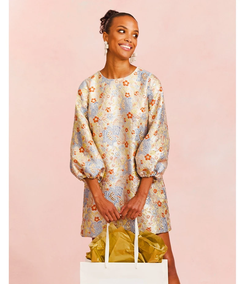 Mestiza New York Rosana Metallic Jacquard Floral Print Boat Neck 3/4 Balloon Sleeve Back Tie Mini Dress