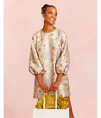 Mestiza New York Rosana Metallic Jacquard Floral Print Boat Neck 3/4 Balloon Sleeve Back Tie Mini Dress