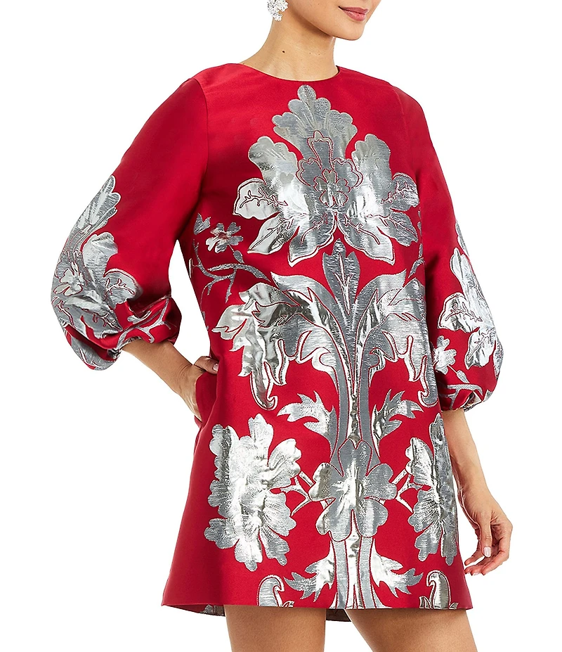 Mestiza New York Rosanna Metallic Placement Print Round Neck 3/4 Puff Sleeve A-Line Mini Dress