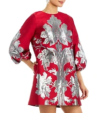 Mestiza New York Rosanna Metallic Placement Print Round Neck 3/4 Puff Sleeve A-Line Mini Dress