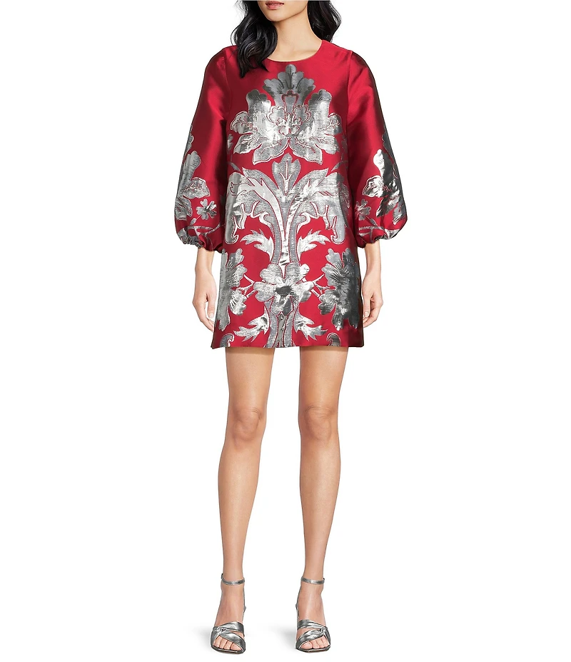 Mestiza New York Rosanna Metallic Placement Print Round Neck 3/4 Puff Sleeve A-Line Mini Dress