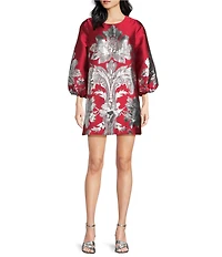 Mestiza New York Rosanna Metallic Placement Print Round Neck 3/4 Puff Sleeve A-Line Mini Dress