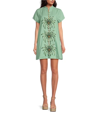 Mestiza New York Rowen Linen Blend Mandarin Collar Short Sleeve Embroidered Button Front Mini Shift Dress