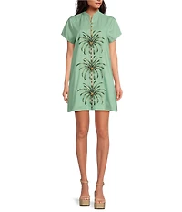Mestiza New York Rowen Linen Blend Mandarin Collar Short Sleeve Embroidered Button Front Mini Shift Dress