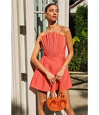 Mestiza New York Scallopini Linen Blend Organza Strapless Sleeveless Pleated Bodice A-Line Mini Dress