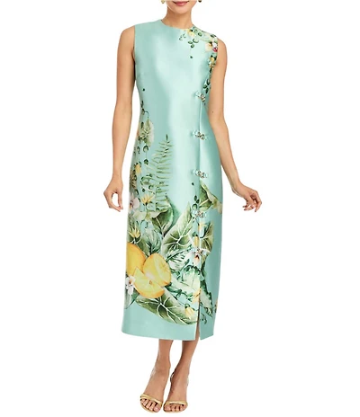 Mestiza New York Serena Citron Tableau Floral Print Crew Neck Sleeveless Gold Hardware Column Midi Dress