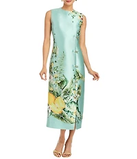 Mestiza New York Serena Citron Tableau Floral Print Crew Neck Sleeveless Gold Hardware Column Midi Dress