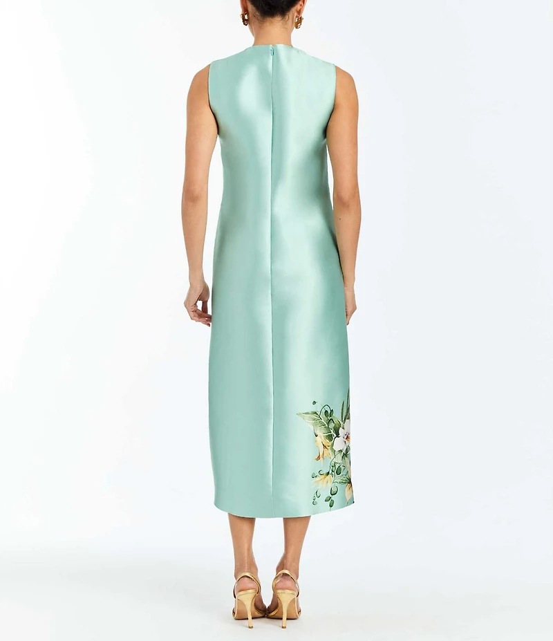 Mestiza New York Serena Citron Tableau Floral Print Crew Neck Sleeveless Gold Hardware Column Midi Dress