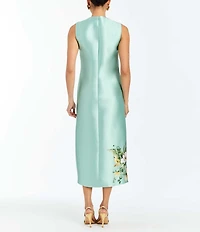 Mestiza New York Serena Citron Tableau Floral Print Crew Neck Sleeveless Gold Hardware Column Midi Dress