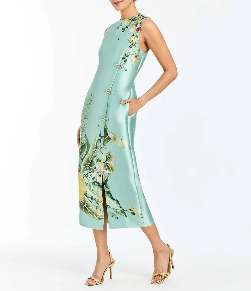 Mestiza New York Serena Citron Tableau Floral Print Crew Neck Sleeveless Gold Hardware Column Midi Dress