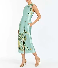 Mestiza New York Serena Citron Tableau Floral Print Crew Neck Sleeveless Gold Hardware Column Midi Dress