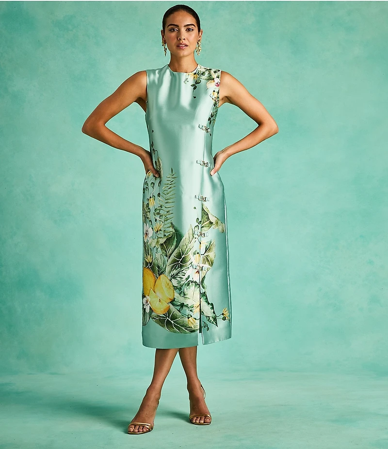 Mestiza New York Serena Citron Tableau Floral Print Crew Neck Sleeveless Gold Hardware Column Midi Dress