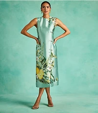 Mestiza New York Serena Citron Tableau Floral Print Crew Neck Sleeveless Gold Hardware Column Midi Dress