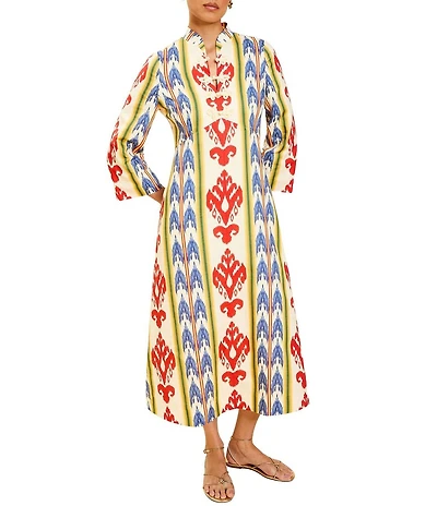 Mestiza New York Shoshi Linen-Blend Ikat Motif Split V-Neck 3/4 Sleeve Midi Dress