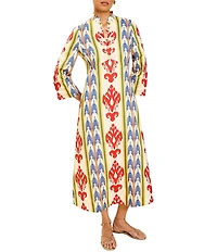 Mestiza New York Shoshi Linen-Blend Ikat Motif Split V-Neck 3/4 Sleeve Midi Dress