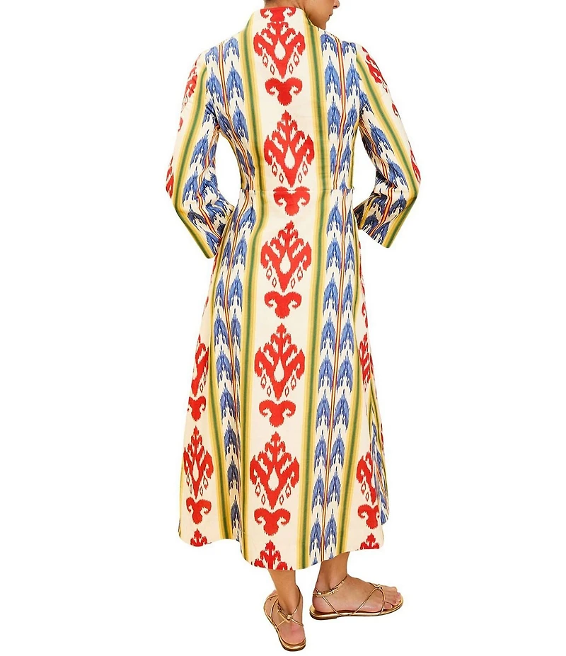 Mestiza New York Shoshi Linen-Blend Ikat Motif Split V-Neck 3/4 Sleeve Midi Dress