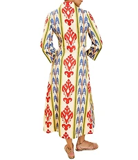 Mestiza New York Shoshi Linen-Blend Ikat Motif Split V-Neck 3/4 Sleeve Midi Dress